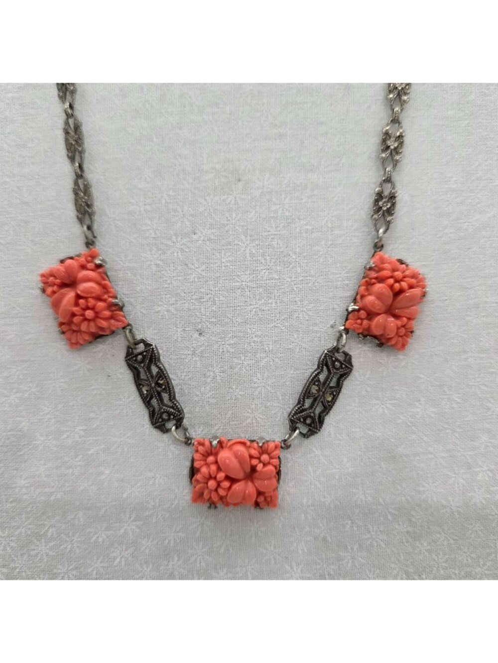 Art Deco Necklace Sterling Coral Glass Floral Marcasite 16"
